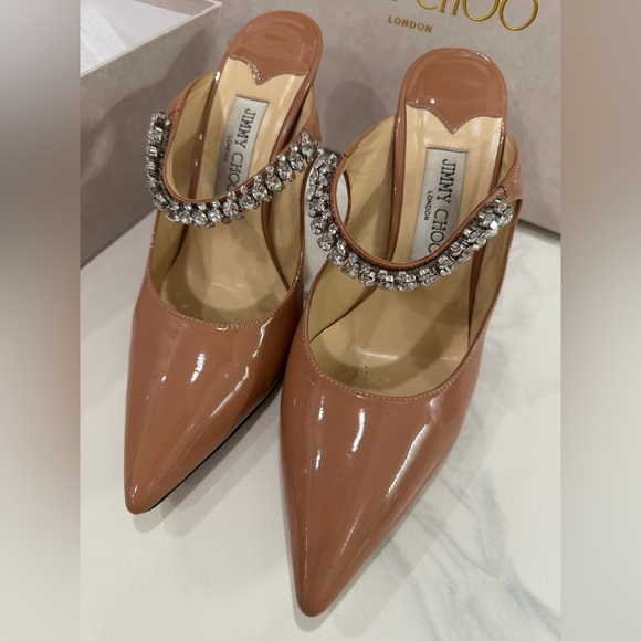 Jimmy Choo Shoes - Jimmy Choo Nude Patent Pointed-Toe Mules with Crystal Strap